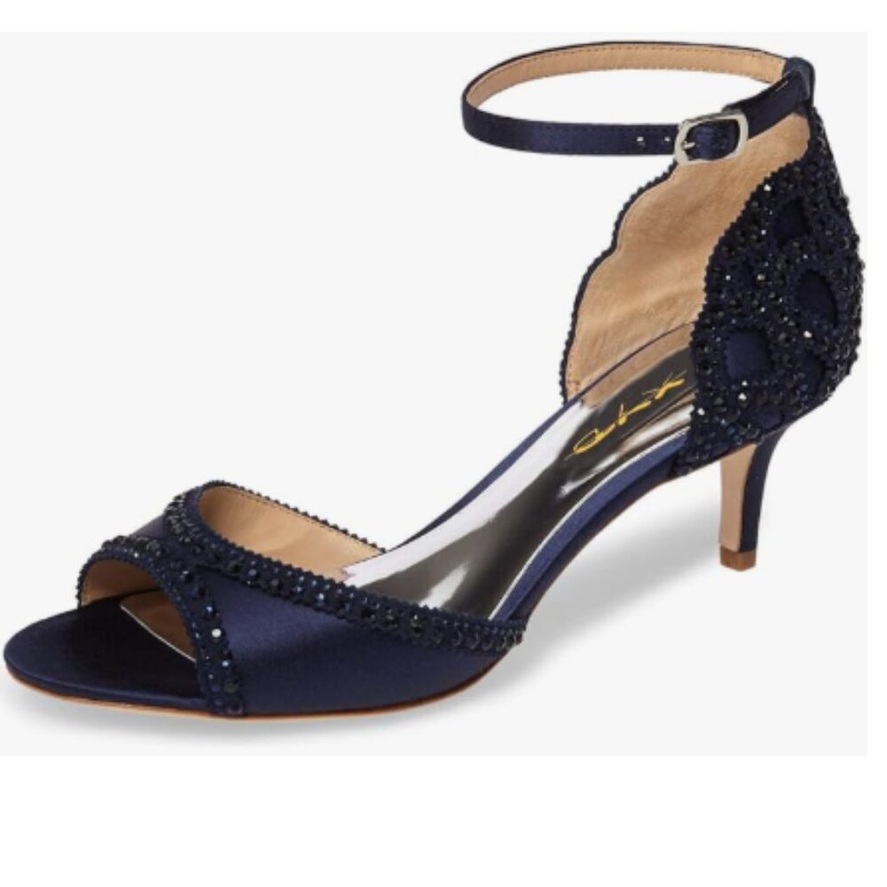 XYD Navy Peep Toe D'Orsay Kitten Heel Rhinestone Studs Ankle Strap Sandals